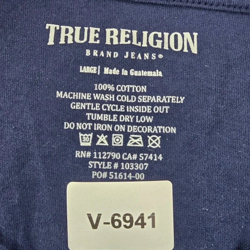True‎ Religion Men Shirt L Blue Buddha Guitar Short Sleeve Cotton Logo